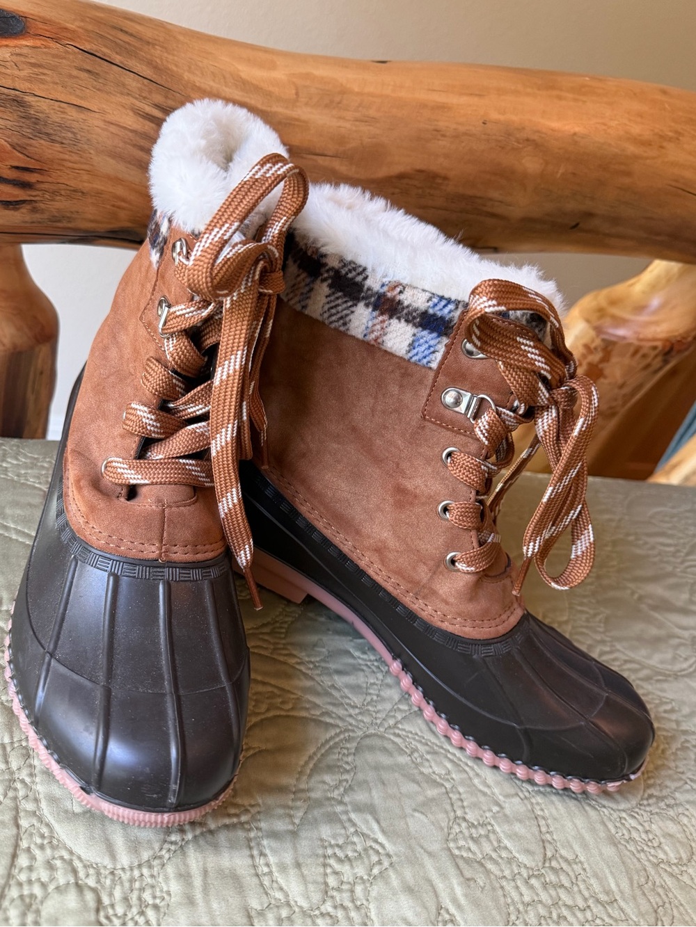 Faux Suede Duck Boots Plaid Faux Fur Lined Winter Snow Boots Size 8